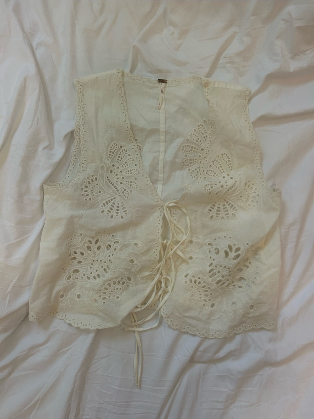 Free People Cream Eyelet Lace-Up Cotton top